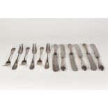 A SET OF SIX EARLY 1900's WMF ELECTROPLATED TABLE FORKS AND SIX MATCHING TABLE KNIVES, the handles