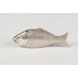 A LATE VICTORIAN SILVER NOVELTY FISH FORM PEPPERETTE, cast with realistic scenes, the pull off