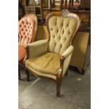 VICTORIAN STYLE SPOON BACK ARMCHAIR, WITH SCROLL FRONT SUPPORTS, BUTTON UPHOLSTERED BACK