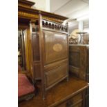 AN INLAID MAHOGANY TWO FOLD FIRE SCREEN AND A LATE VICTORIAN MAHOGANY GOUT STOOL WITH DOUBLE FOLDING