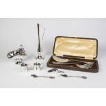 ELECTROPLATE SUGAR SCUTTLE AND SCOOP; A PAIR OF EP FISH SERVERS, in case, A PAIR OF 1oz MEASURES,
