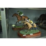 MODELLED BY 'JOHN SKEATON' A RESIN MODEL OF A RACEHORSE WITH JOCKEY UP, ON WOODEN BASE AND ANOTHER