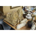 A PAIR OF MOULDED PLASTER RECUMBENT LIONS, A SMALLER PAIR DITTO, AND A REPRODUCTION GILT FRAMED