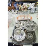A SILVER PLATE OBLONG TRAY WITH PIERCED GALLERY SIDES, A CASSEROLE DISH, ASHTRAYS, A ROSE BOWL,