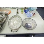A SILVER PLATED PIERCED FRUIT BOWL, AND NIBBLES TRAY WITH FIVE GLASS INSERTS