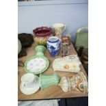 A SELECTION OF CERAMICS, POTTERY WALL POCKETS AND A PAIR OF SMALL GLASS LUSTRES
