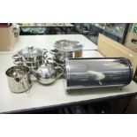 SET OF FIVE MAKRO PANS AND A STAINLESS STEEL TEAPOT, BREAD BIN AND A MEASURING JUG (7)