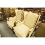 GOOD QUALITY PAIR OF REPRODUCTION FIRE SIDE ARMCHAIRS, WALNUT FRAMED, PADDED BACK AND SEAT, SCROLL