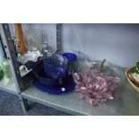 COLOURED GLASS - THREE SPECIMEN VASES, FLASH CUT TABLE LAMP, AMBER COLOURED LARGE JUG, PETAL