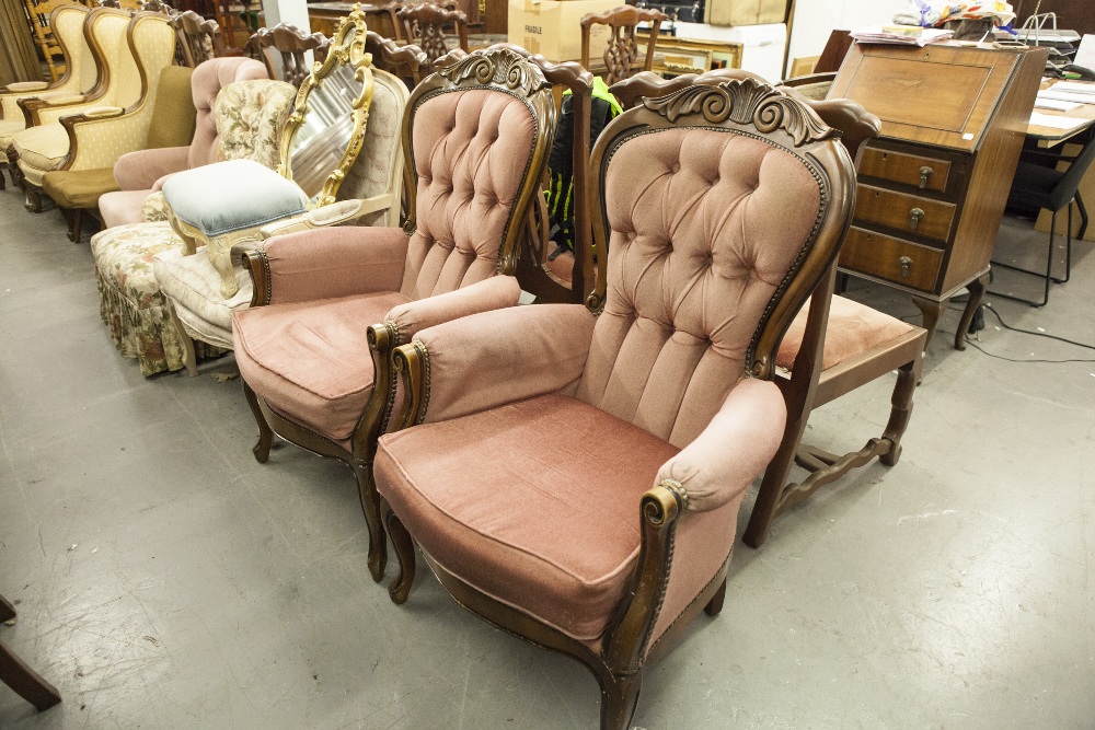 TWO MAHOGANY FRAMED ARMCHAIRS WITH BUTTON BACK UPHOLSTERY
