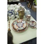 ORIENTAL CERAMICS, INCLUDING; BLUE AND WHITE GINGER JAR AND COVER, SIMILAR VASE, IMARI PLAQUE,