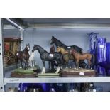 SEVEN VARIOUS RESIN MODELS OF HORSES, MAINLY ON BASES