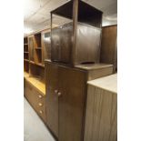 WILKIN FURNITURE TWO DOOR MILLINERY CUPBOARD, OAK BEDSIDE CUPBOARD AND A 1950's CHINA DISPLAY