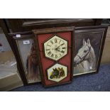 MAXIM OCTAGONAL FRAMED BATTERY WALL CLOCK, FRAMED WITH PICTURE OF A HORSE AND A COLOUR PRINT OF