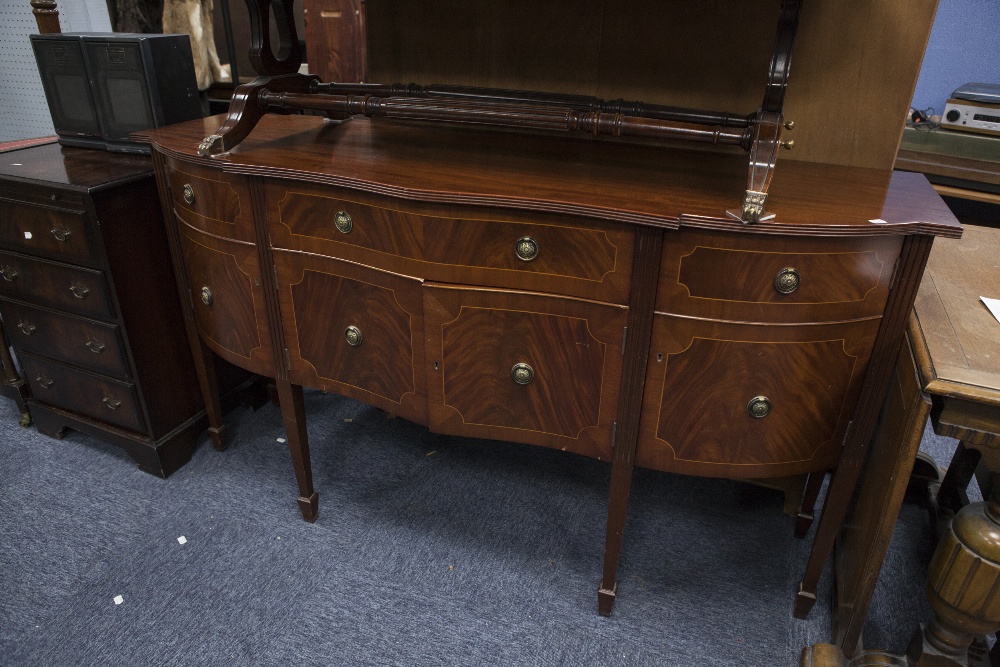 REPRODUCTION FLAME MAHOGANY AND MAHOGANY BREAKFRONT SIDEBOARD, WITH DRAWERS, OVER FOUR CUPBOARDS