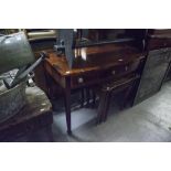 REPRODUCTION FLAME MAHOGANY AND MAHOGANY WRITING TABLE, TWO DRAWERS, ALL RAISED ON GRADUATED