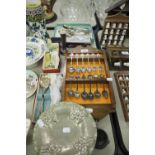 COLLECTION OF TWENTY FOUR ENAMELLED EP. SOUVENIR SPOONS, ON TWO WOODEN WALL RACKS; SUNDRY EP