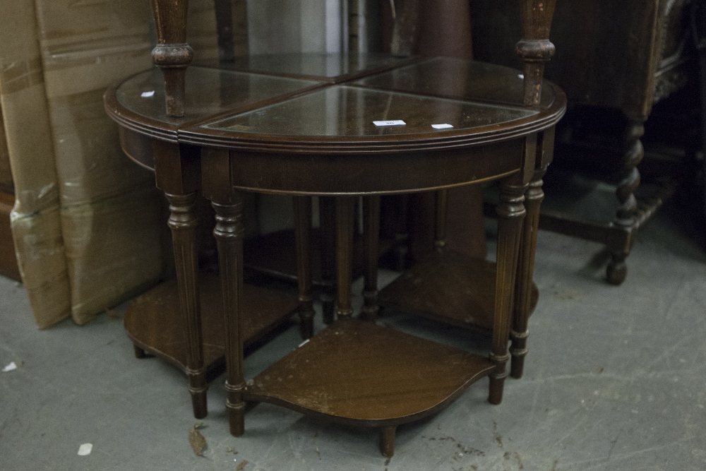 QUARTETTE OF TWO TIER OCCASIONAL TABLE, EACH QUADRANT SHAPED WITH GLASS PROTECTOR TOGETHER FORMING A