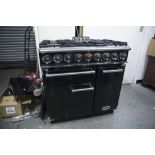 A FALCON 900 DELUXE DUAL FUEL '210 GED T DL' RANGE COOKER, IN BLACK WITH CHROME TOP AND HANDLES (