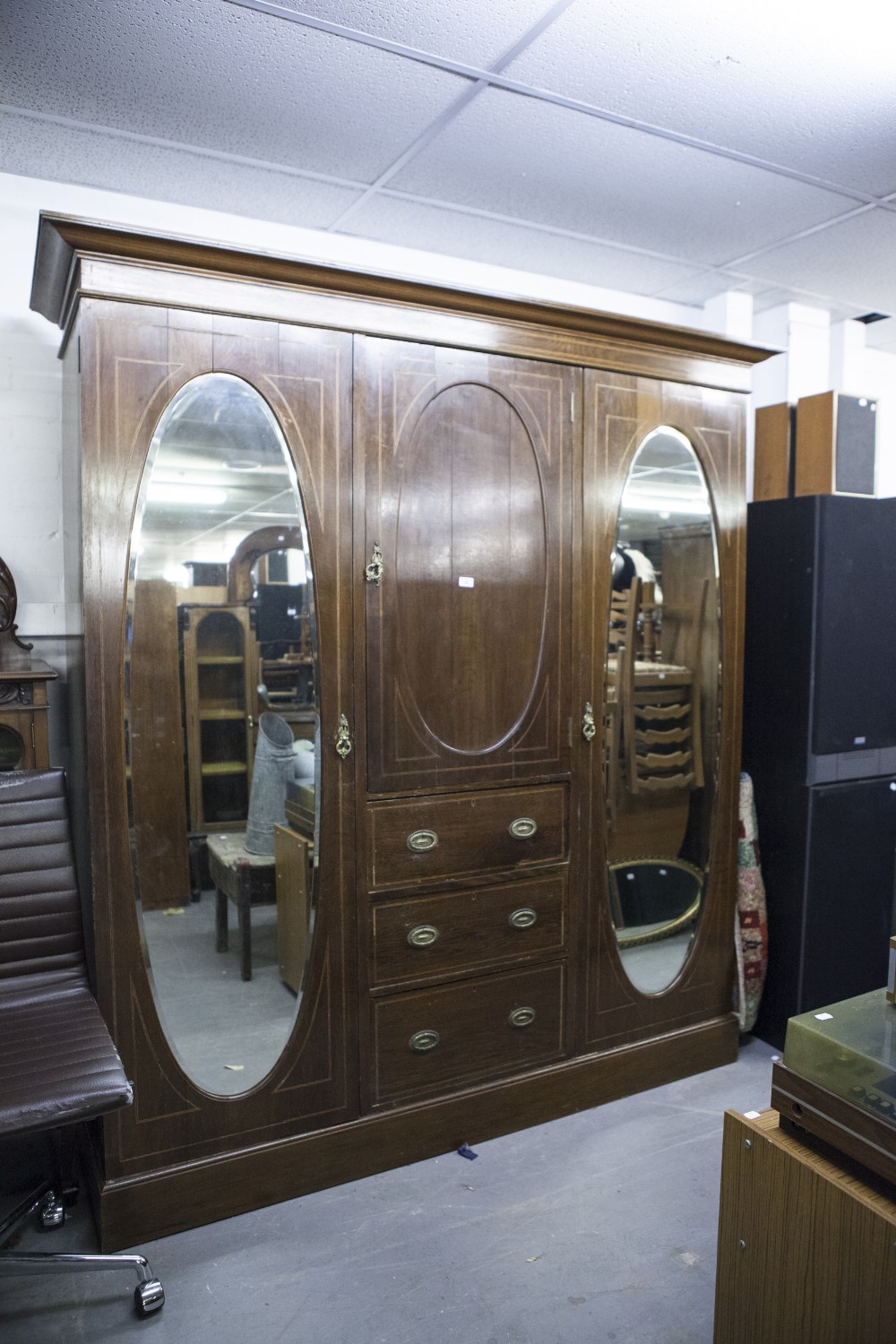 LATE NINETEENTH CENTURY INLAID OAK BEACONSFIELD TYPE WARDROBE WITH TWO OVAL MIRROR PANEL DOORS (A.