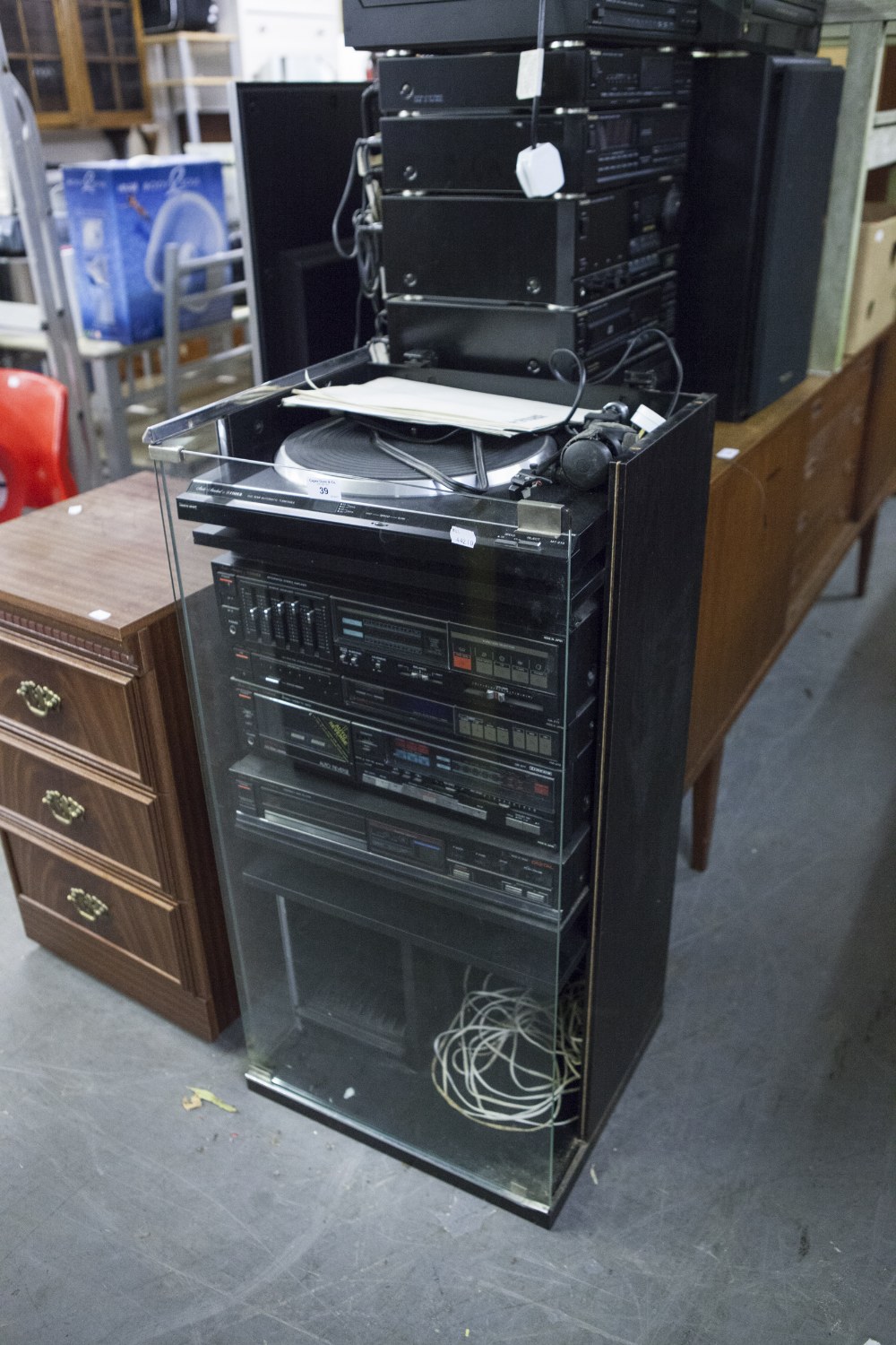 FISHER STACKING HI-FI SYSTEM IN GLAZED CASE AND A PAIR OF SPEAKERS