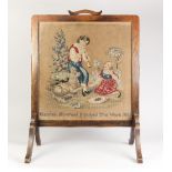 VICTORIAN OAK AND GLAZED CHEVAL FIRE SCREEN WITH HAND WORKED PICTORIAL PANEL DEPICTING A YOUNG BOY