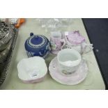A VICTORIAN GERMAN TEA SET FOR ONE, A WEDGWOOD BOX AND COVER AND AN ASHTRAY