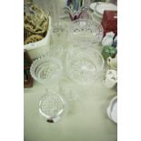 'TUDOR' HEAVY CUT GLASS PEDESTAL PUNCH BOWL, 8 1/2" DIAMETER, A CUT GLASS FRUIT BOWL, THREE SMALL