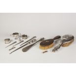 COLLECTION OF EDWARD VII AND LATER SILVER TO INCLUDE; TWO NAPKIN RINGS, HAIR BRUSH, pencil holder,