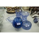 A COLLECTION OF BLUE CUT GLASS TO INCLUDE; A VASE, A TRUMPET VASE, A BOTTLE COASTER, A TWO HANDLED