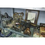 A MIXED LOT OF BRASS AND IRON WARES, 2 PRESS IRONS, 9 LAMP SHADES ETC...