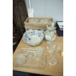 OAK CAKE STAND, BLUE AND WHITE BOWL AND JUG, A PAIR OF MODERN 3 BRANCH ELECTROLIERS AND GLASS FLORAL