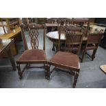 SET OF TEN REPRODUCTION LARGE DINING CHAIRS, PIERCED SPLAT BACKS, PADDED DROP IN SEATS IN RED VELVET