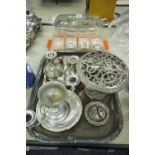 A SILVER PLATE OBLONG TRAY WITH PIERCED GALLERY SIDES, A CASSEROLE DISH, ASHTRAYS, A ROSE BOWL,