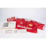 A MANCHESTER UNITED - SHARP SPONSERS REPLICA FOOTBALL SHIRT SIGNED IN FELT TIP 'BEST WISHES DENIS