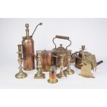 A VICTORIAN COPPER KETTLE, and a brass insecticide spray, two pairs of brass candlesticks, two