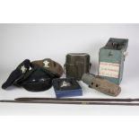 A SELECTION OF MILITARIA TO INCLUDE A WOODEN BOXED COMPASS, TWO SOUTH SUDANESE METAL SPEAR TIPS,