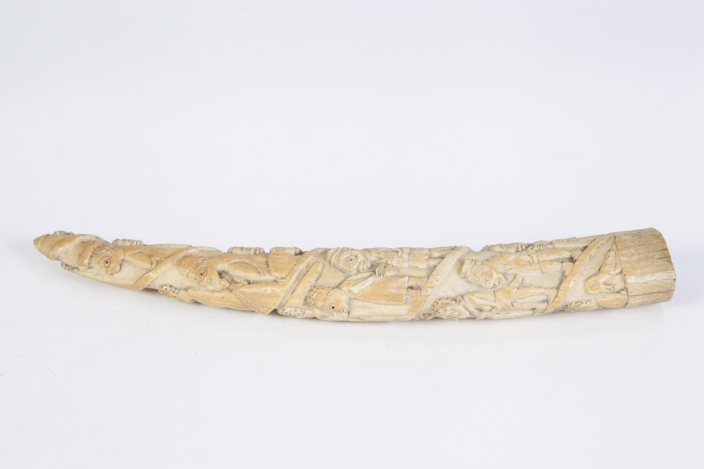 INTERESTING LATE 19th CENTURY AFRICAN SMALL CARVED IVORY TUSK IN RELIEF with spirally, ascending - Image 2 of 2