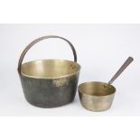 THREE BRASS PRESERVE PANS WITH FIXED IRON HANDLES, A BRASS SAUCE PAN (4)