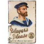 EARLY TWENTIETH CENTURY 'PLAYERS PLEASE' LARGE ENAMELLED METAL CIGARETTE ADVERTISING SIGN, head