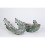 PAIR OF AGED CARVED BALSA WOOD DECOY DUCKS painted in pale green with natural colour beaks;