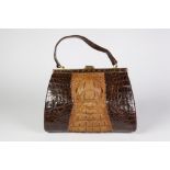 CHINESE TWO TONE CROCODILE SKIN HANDBAG, of conventional design with gilt metal mounts and clasp,