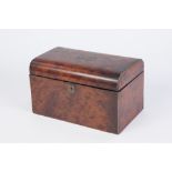 A 19TH CENTURY YEW TREE WOOD VENEERED TEA CADDY, BRASS EDGED AND WITH 'TEA' BRASS INLAID TABLET TO