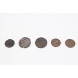 CHARLES I HAMMERED SILVER SHILLING, bust badly worn, together with FOUR 17th CENTURY COPPER COINS,