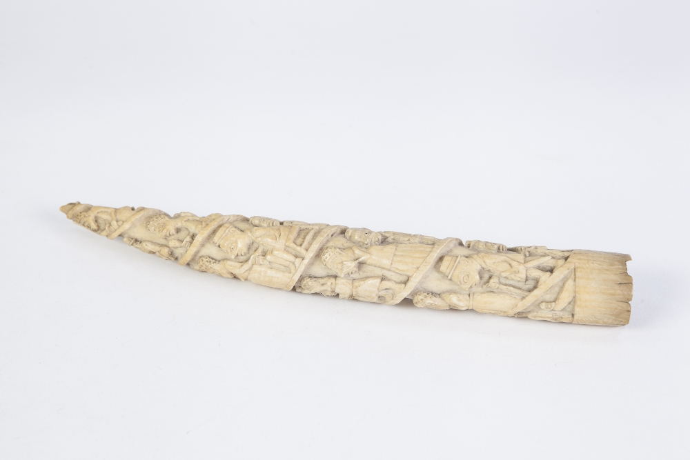 INTERESTING LATE 19th CENTURY AFRICAN SMALL CARVED IVORY TUSK IN RELIEF with spirally ascending - Image 2 of 2