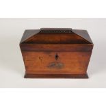 WILLIAM IV MAHOGANY SARCOPHAGUS SHAPED TEA CADDY, the hinged lid with ebony line and gadroon