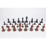 LARGE 20th CENTURY STAUNTON PATTERN EBONY AND NATURAL WOOD CHESS SET with weighted pieces, the