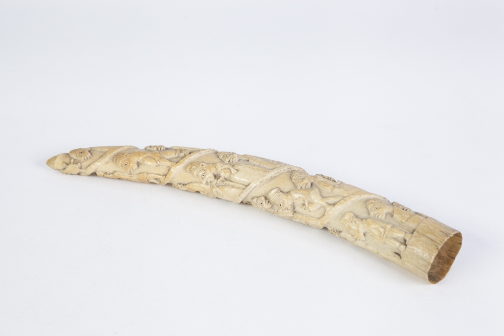 INTERESTING LATE 19th CENTURY AFRICAN SMALL CARVED IVORY TUSK IN RELIEF with spirally, ascending