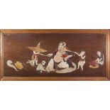 PROBABLY JAPANESE, TWENTIETH CENTURY HARDWOOD AND HARDSTONE INSET PICTORIAL WALL PANEL of oblong