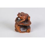 A JAPANESE WELL CARVED BOXWOOD NETSUKE of a frog upon a lotus leaf issuing from a stem with a